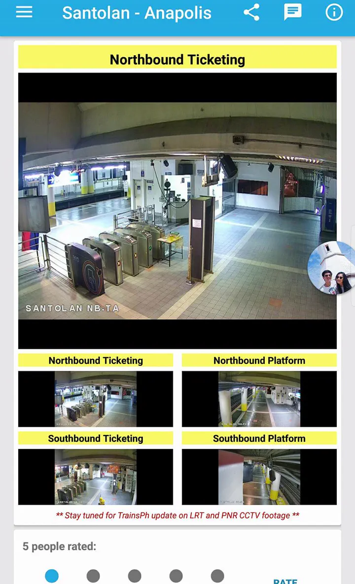 Live CCTV tiles of the northbound ticketing area and platform at Santolan-Anapolis station