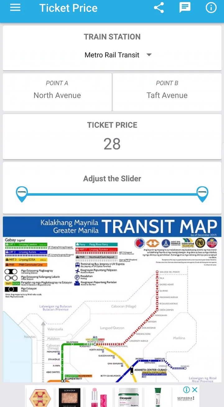 The Ticket Price screen calculating a 28 peso fare between two stations