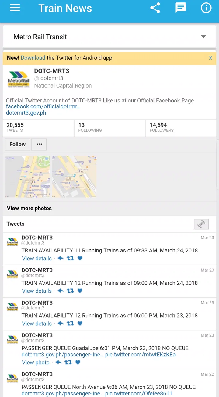 The Train News screen listing official DOTC-MRT3 service advisories