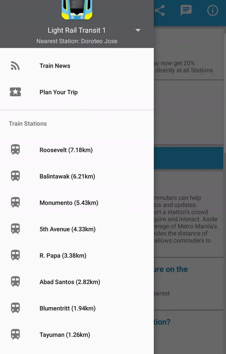 The station list for LRT-1 showing the distance from the user to each station