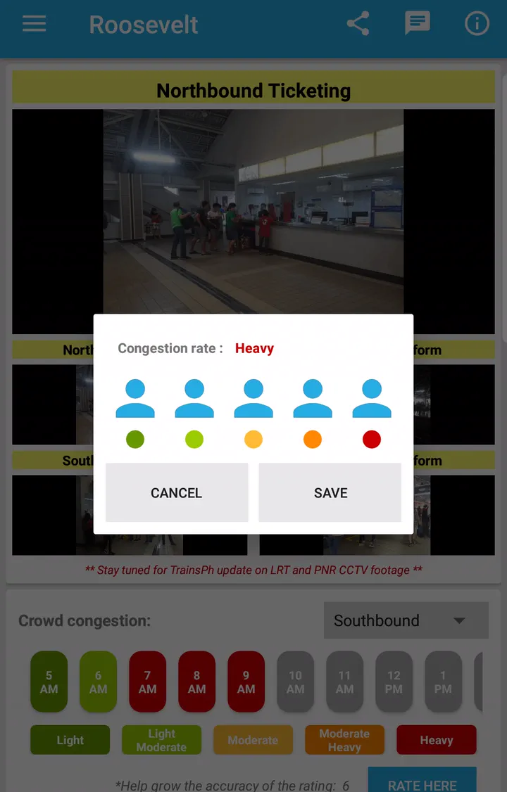The crowd congestion rating dialog set to Heavy, ready to submit